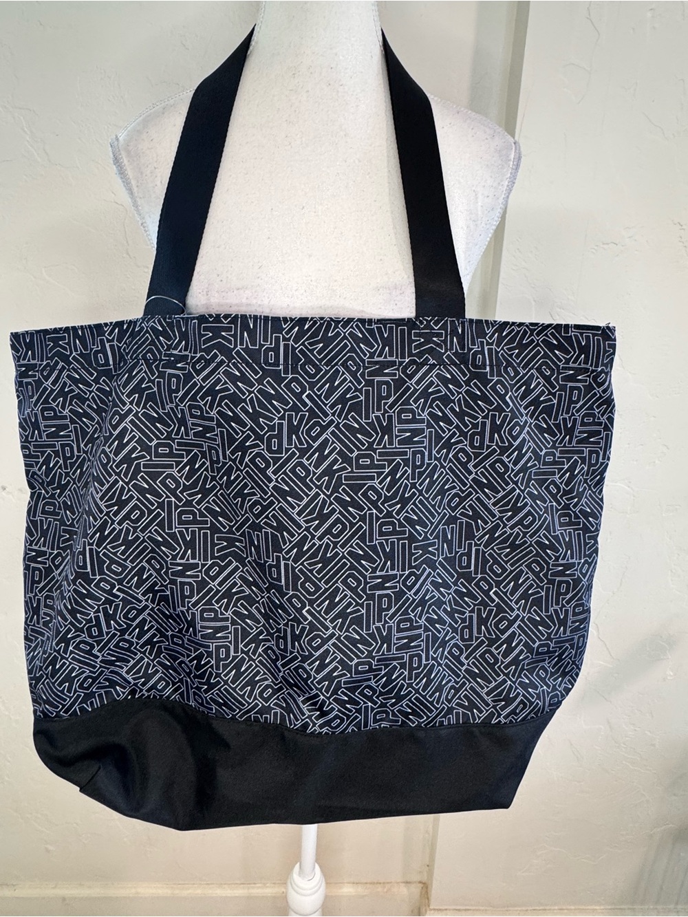 NWT Victoria’s Secret PINK Oversized Tote Bag Black Monogram Logo Gym Beach Bag